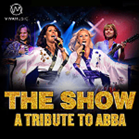 Picture of the Abba band - two women in white clothes singing to the microphones, and two men behind them. At the bottom of the poster - the title of the concert.