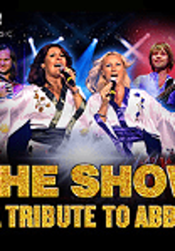 Picture of the Abba band - two women in white clothes singing to the microphones, and two men behind them. At the bottom of the poster - the title of the concert.