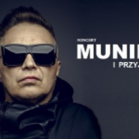 Photo of Muniek Staszczyk - a man in dark sunglasses and black jacket. On the right - white inscription "Muniek i przyjaciele". Dark grey background.