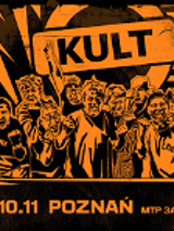 Black and orange event poster - a drawing of a group of people, above them the inscription "Kult". In the bottom of the poster - information about the concert.