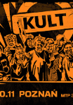 Black and orange event poster - a drawing of a group of people, above them the inscription "Kult". In the bottom of the poster - information about the concert.