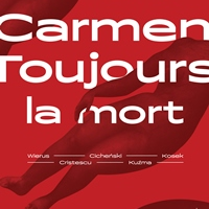 Event poster - white inscriptions (information about the event) on red background.