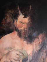 A painting of a bearded man with a bare torso.