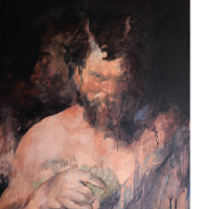 A painting of a bearded man with a bare torso.