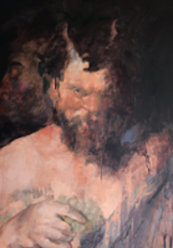 A painting of a bearded man with a bare torso.