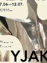 Exhibition poster: information about the event and a metal abstract sculpture.