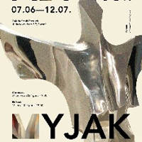 Exhibition poster: information about the event and a metal abstract sculpture.