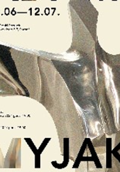 Exhibition poster: information about the event and a metal abstract sculpture.