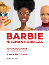 Exhibition poster: photo of three Barbie dolls' faces and information about the exhibition.