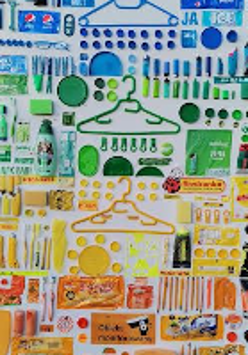 Exhibition poster in blue, green, yellow and orange colours