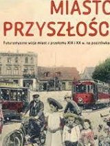 Old-fashioned picture of a city: people on the street, trams and buildings.