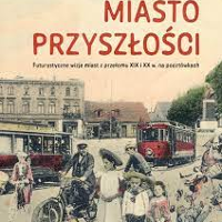 Old-fashioned picture of a city: people on the street, trams and buildings.