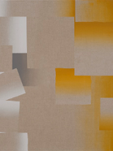 Exhibition poster: squares of various sizes in gray and yellow colors.