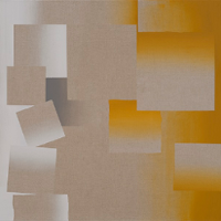 Exhibition poster: squares of various sizes in gray and yellow colors.