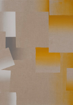 Exhibition poster: squares of various sizes in gray and yellow colors.