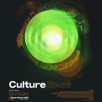 Green shining circle on dark background. In the bottom of poster information about the exhibition.