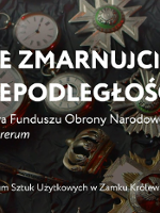 Exhibition poster: title of the exhibition and photo of some exhibits, such as watches and medals, as a background.