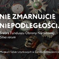 Exhibition poster: title of the exhibition and photo of some exhibits, such as watches and medals, as a background.