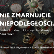 Exhibition poster: title of the exhibition and photo of some exhibits, such as watches and medals, as a background.