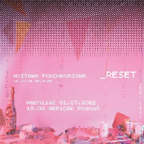 Exhibition poster in pink colours with information about the event