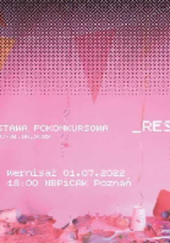 Exhibition poster in pink colours with information about the event