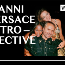 Poster: photo of Gianni Versace and two women behind him and the title of the exhibition.