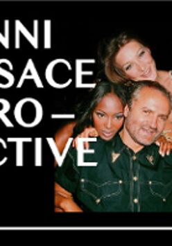 Poster: photo of Gianni Versace and two women behind him and the title of the exhibition.