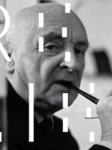 Black and white exhiibtion poster with photo of Henryk Stażewski