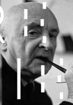 Black and white exhiibtion poster with photo of Henryk Stażewski