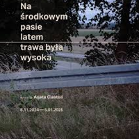 Exhibition poster: grass, metal barrier, trees in the foreground and field in the background; information about the exhibition written.