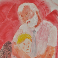 Picture of an elderly man who is hugging a boy