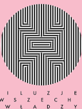 Exhibition poster: in a circle black and white vertical lines, in the middle of the circle the letter X filled with horizontal lines. Pink background and the exhibition title.