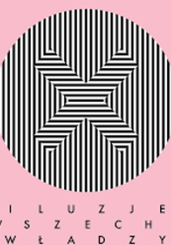 Exhibition poster: in a circle black and white vertical lines, in the middle of the circle the letter X filled with horizontal lines. Pink background and the exhibition title.