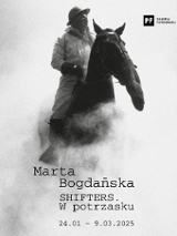 Black and white photo of a man on a horse with a deformed head and information about the event.