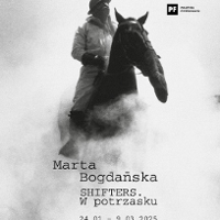 Black and white photo of a man on a horse with a deformed head and information about the event.