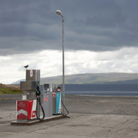 The photograph shows a small gas station with a bird sitting one one of the dispensers. An open landscape with gray clouds as a background.