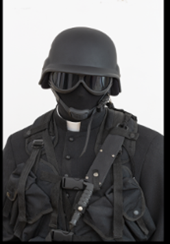 Black and white photo of a soldier wearing a helmet, mask and dark goggles.