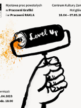 Exhibition poster: a drawing of a hand holding a paint roller; information about the event at the bottom and the top of the poster.