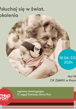 Exhibition poster: photo of a man holding and hugging a baby in big ear-phones and information about the event.