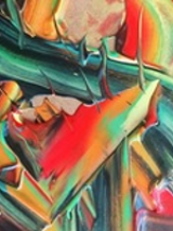 One of the exhibition works - colourful abstract painting.