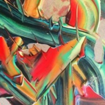 One of the exhibition works - colourful abstract painting.