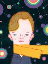 Exhibition poster: Illustration by Paweł Pawlak "Little Prince". The smiling boy with a long yellow scarf around his neck. A dark background with many colorful geometric shapes,