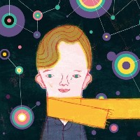 Exhibition poster: Illustration by Paweł Pawlak "Little Prince". The smiling boy with a long yellow scarf around his neck. A dark background with many colorful geometric shapes,