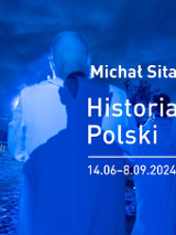 Photo of a man standing with his back to the camera in blue colors. Title of the exhibition and its start and end dates.