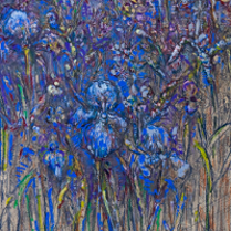 Painting presenting blue flowers.