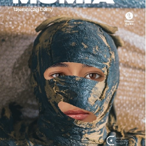 Photo of woman's face partly covered with dark cloth.