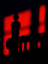 Black and red photo shows a shadow of balustrade.