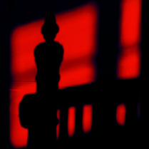 Black and red photo shows a shadow of balustrade.