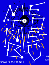 Exhibition poster in dark blue, white, blank and orange colours.