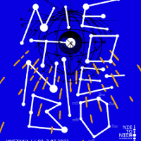 Exhibition poster in dark blue, white, blank and orange colours.